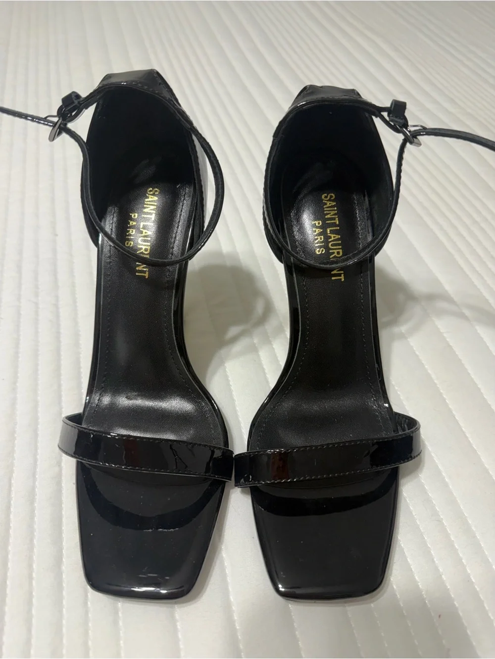 Saint Laurent Black Patent Leather Ankle-Strap Sandals with Gold YSL Logo Heels - Picture 3 of 8